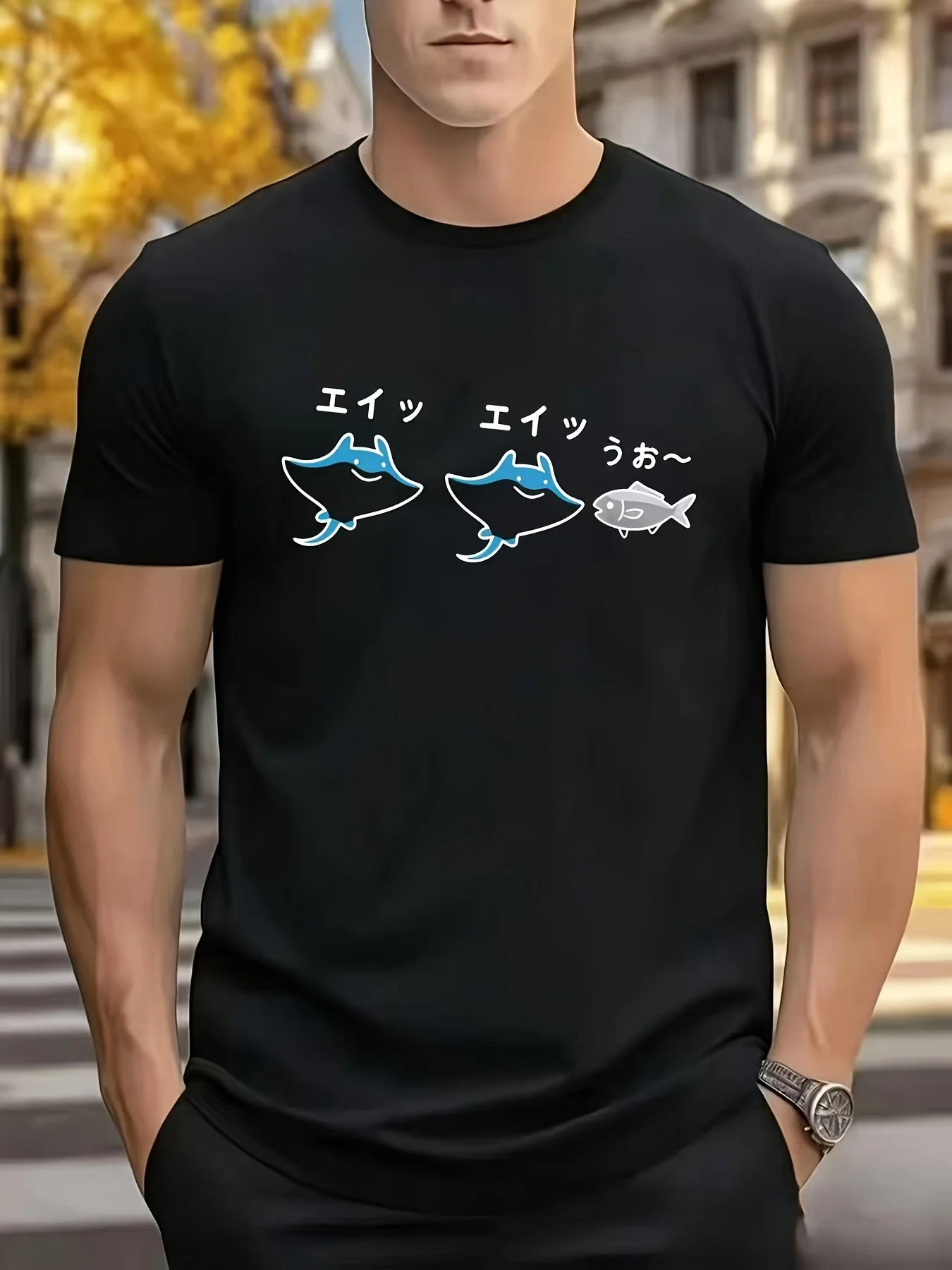 Cute Manta Ray and Fish Pattern Print Printed Short Sleeve Fashion Trend T-shirt Couple's Loose Half Sleeve T-shirt