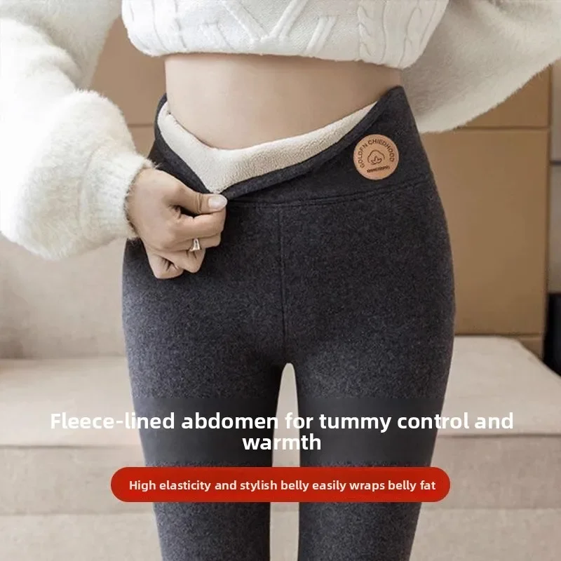 سراويل قطنية من جلد الخراف الأسود للنساء في الشتاء، سراويل سميكة من القطن الخالص، ملابس خارجية عالية الخصر