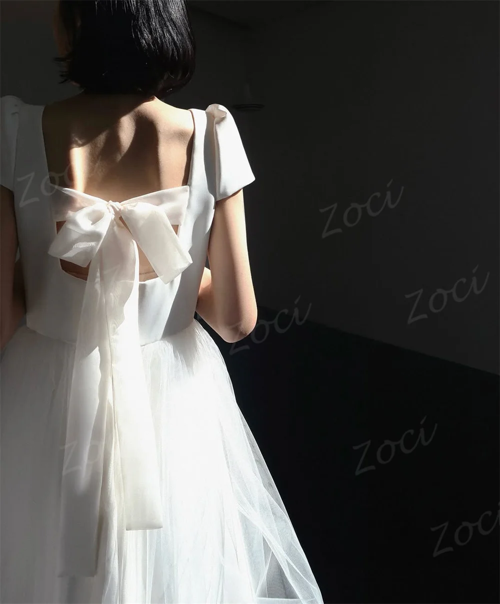 Zoci ชุดแต่งงานเกาหลีคอเหลี่ยมแขนสั้นชุดเจ้าสาว A-Line ชุดเจ้าสาวยาวชั้นที่กําหนดเองชุดราตรี