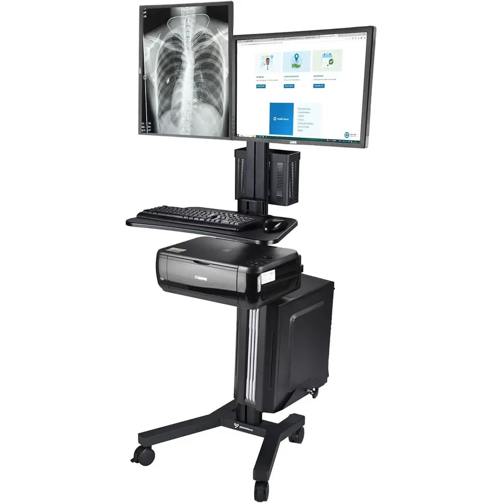 

Регулируемая медицинская тележка для двух мониторов с выдвижной подставкой, лотком для клавиатуры, держателем для системного блока и принтера для больниц, клиник или школ - B