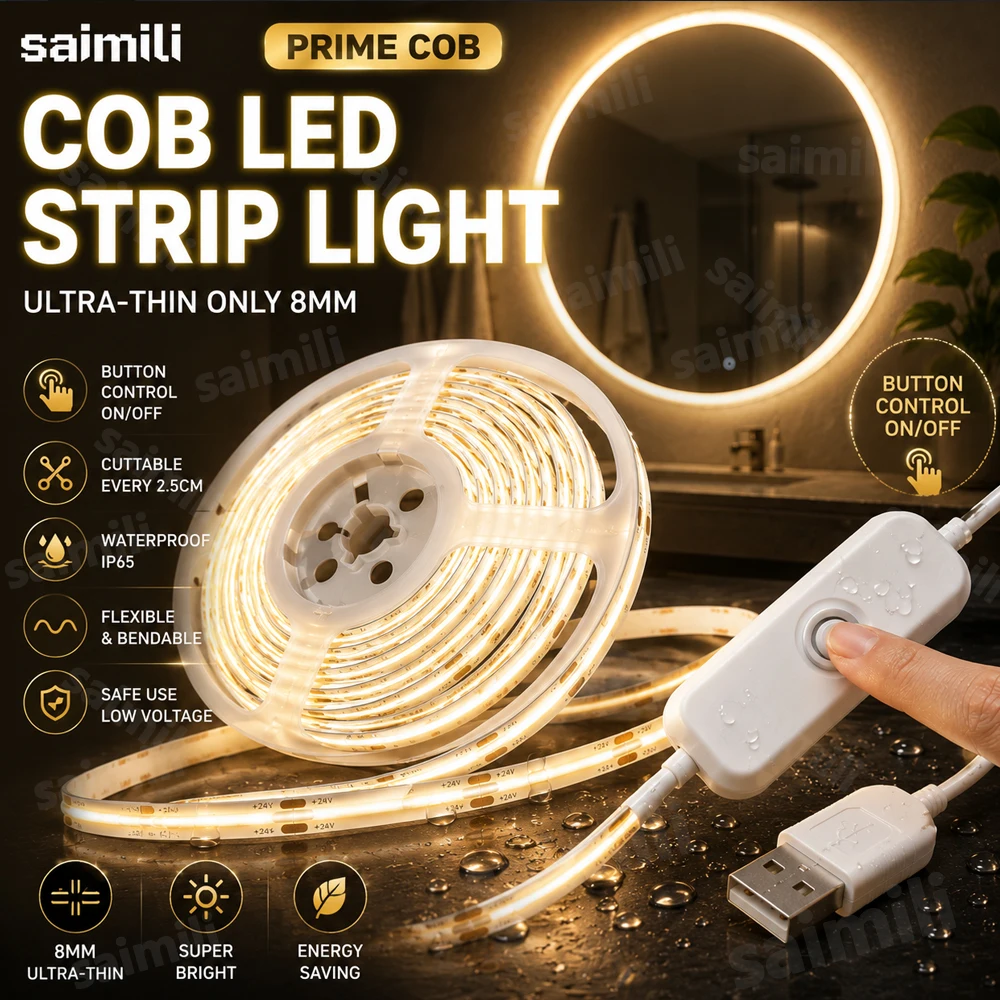 5V USB COB LED Light Strip Button Control Switch High Density Waterproof Linear Lamp For Cupboard Wardrobe DIY Decor Lighting