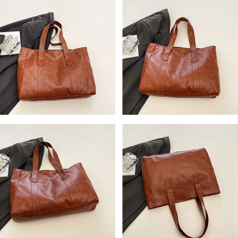 Vintage-Leder-Umhängetasche, geräumige Casual-Tragetasche mit zwei Griffen, Alltagstasche für Frauen, vielseitige Handtasche – Detail 8