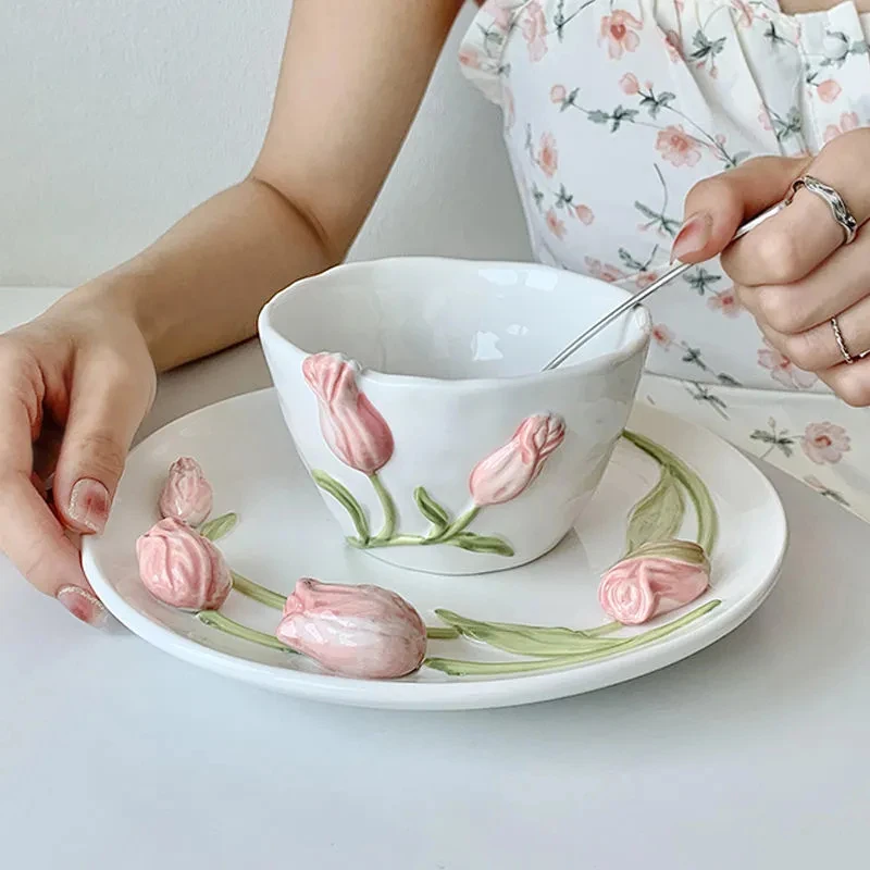 Flower Relief Coffee Cup Saucer Set,Ceramic Tea Mug,Water and Milk Drinkware,Kitchen Barware,Home Decoration,French Style