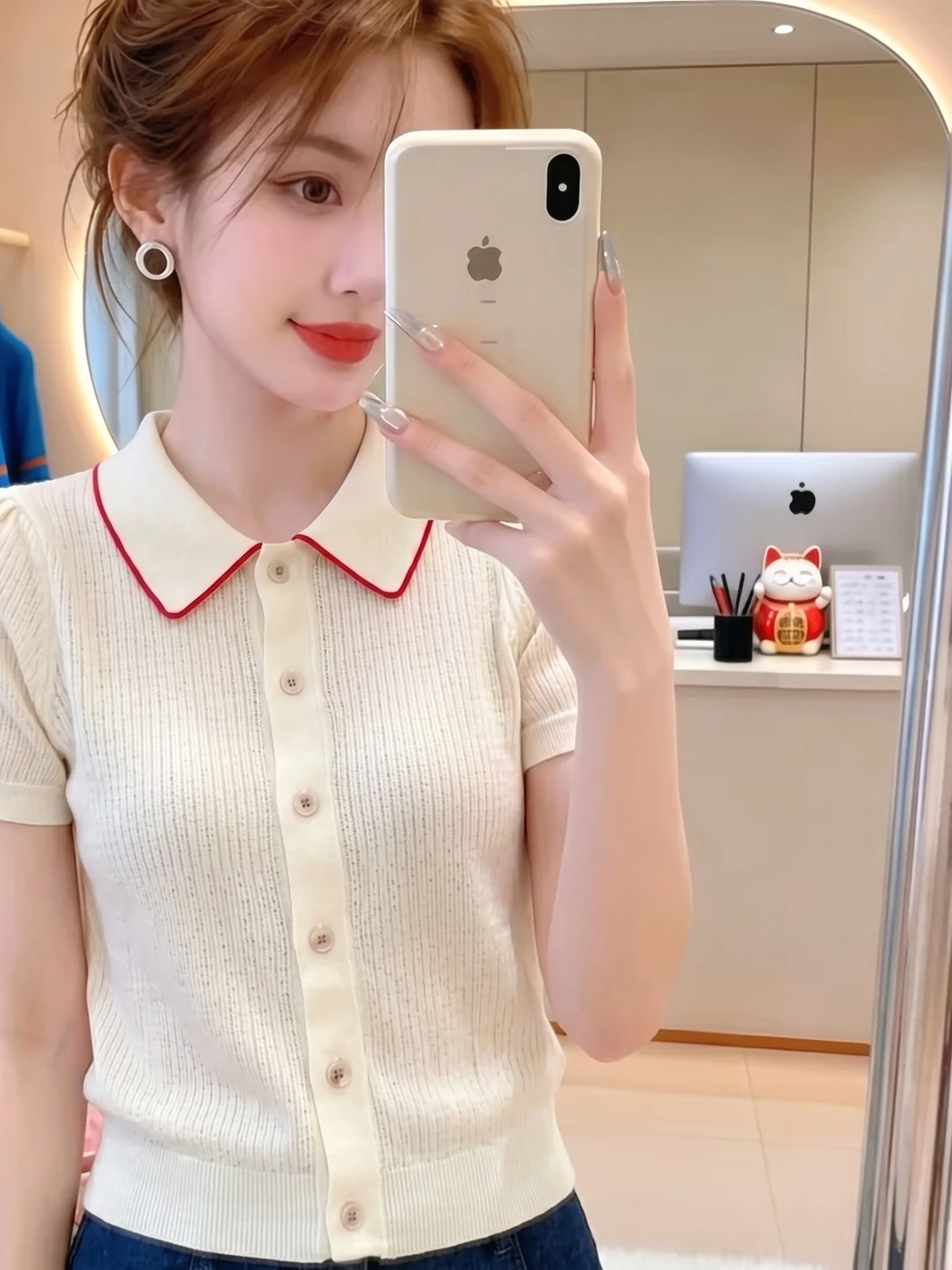 

Casual Style Neck Knitwear Single Button Summer Fashion Color Block Design Elegant Top Silk Material Short Sleeve Women'...