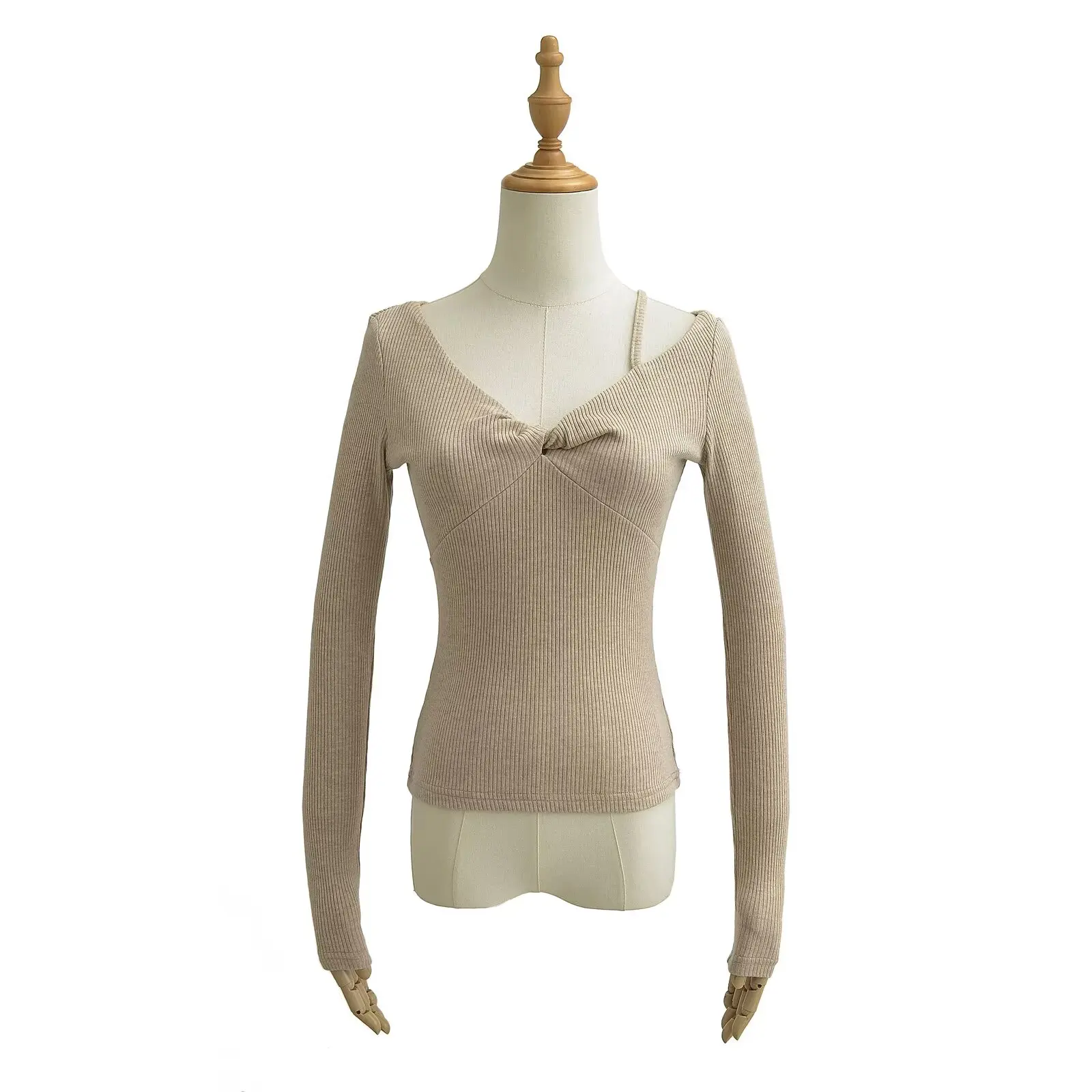 Slim Fit V-Ne Gestrickte Basis irt Damen Lange Sve T-shirt Street Sle Low Cut Twist Knoten Taille Abnehmen ort Länge