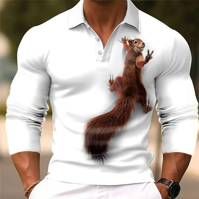 

Men's 3D Printed Squirrel Pattern Golf Shirt Long Sleeve Polo Shirt Business Casual Formal Button Collar Autumn and Winter