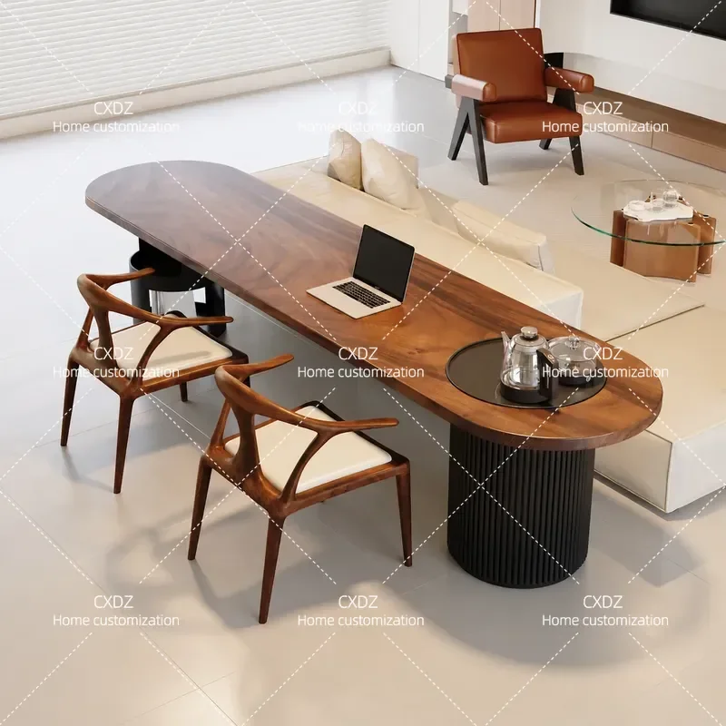 Walnut Sofa Back Long Table Antique Oval Tea Table with Chairs Double Desk Integrated Design for Living Room Home Furniture
