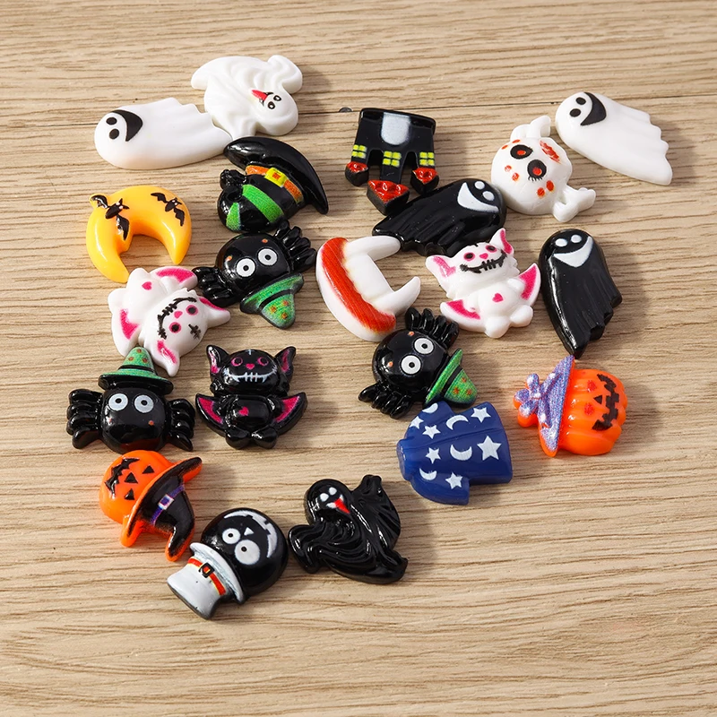 Tusember 10pcs Halloween Charms Resin Flatback Kawaii Moon Spider Bat Pumpkin Ghost for DIY Nail Art Hairpin Brooch Decor