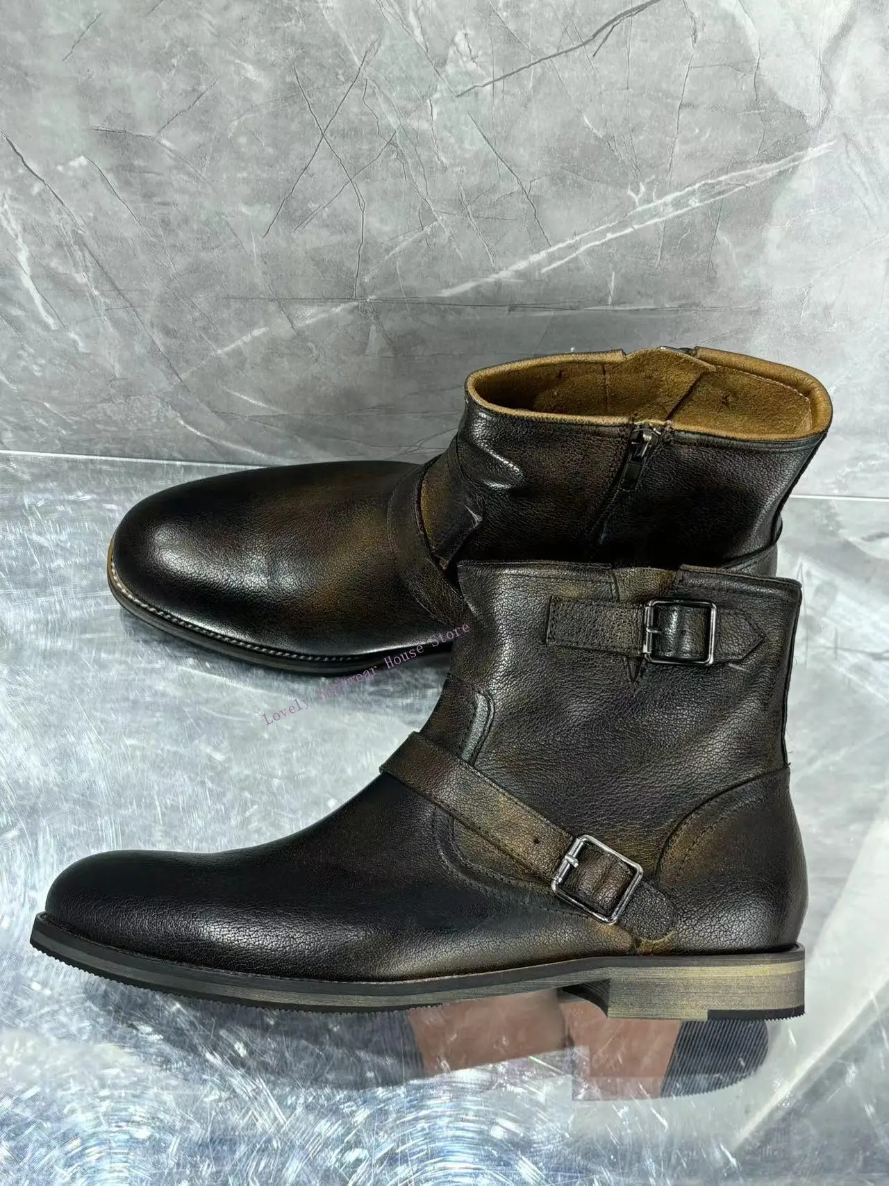 Classic Genuine Cow Leather Man Ankle Boots Round Toe Buckle Ankle Strap Male Side Zipper Dark Brown High Top Boots