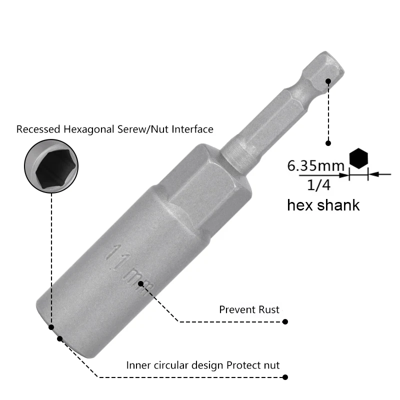 XCAN-Broca de Porca Profunda, Soquetes de Impacto, Adaptador para Ferramentas Elétricas, Hex Shank, 5.5-19mm, 80mm Comprimento, 6.35mm