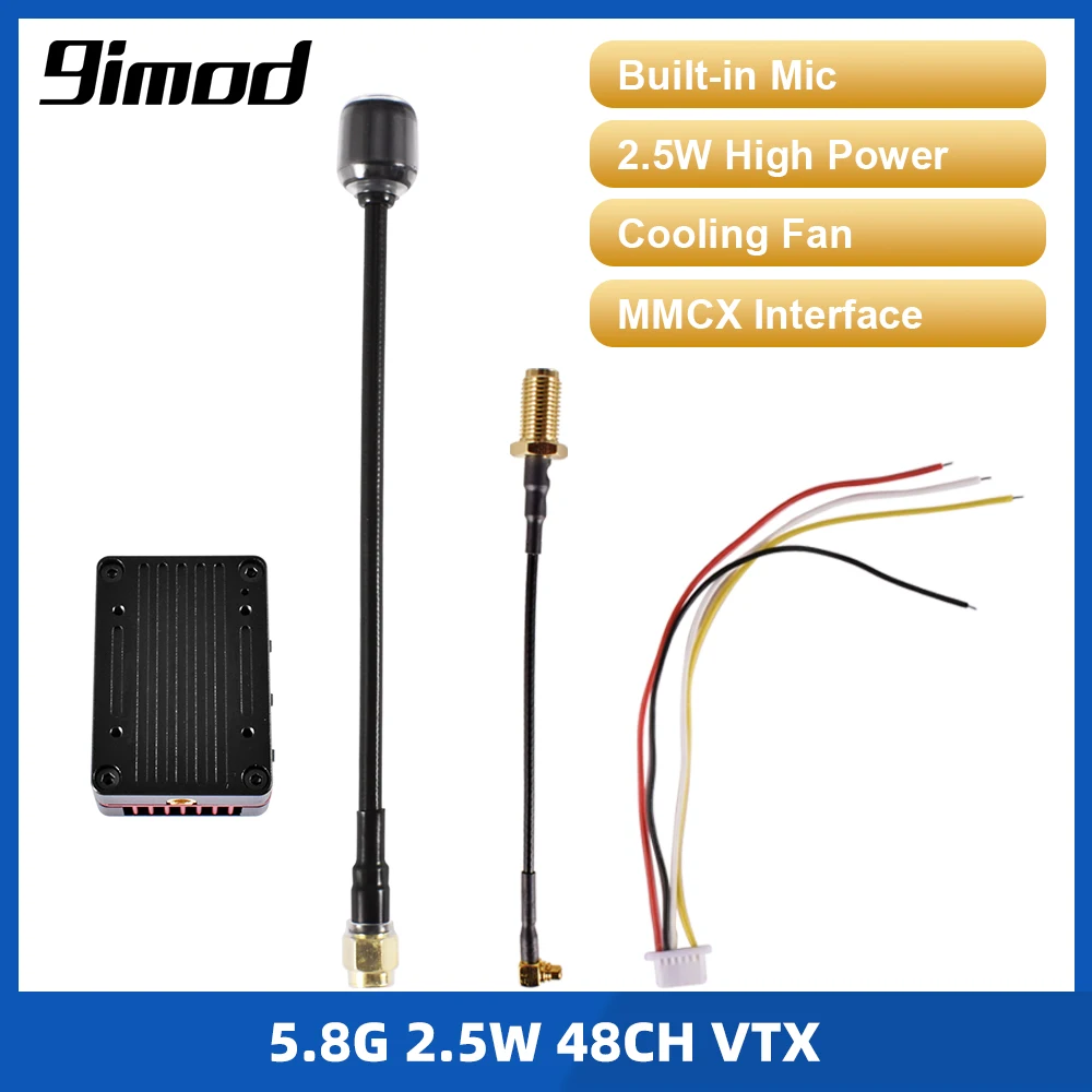 

9IMOD 5,8G 2,5 Вт FPV VTX 48-канальный видеопередатчик с корпусом MMCX с ЧПУ Встроенный микрофон 2-8S для радиоуправляемых дронов дальнего действия