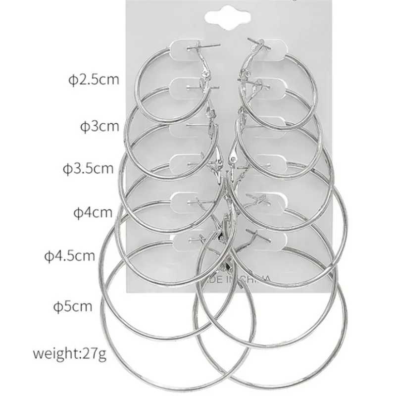 6 Pairs Fashion Hoop Earrings Set For Women Silver Color Round Circle Earring Studs Female Trendy Ladies Party Jewelry Gift