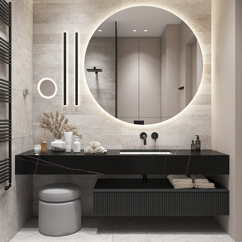 

Slate Bathroom Furniture Integrated Basin Combination Washbasin Washing Solid Wood Cabinet Smart Light Luxury