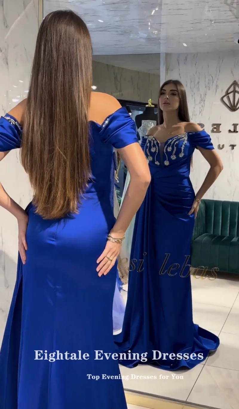 Eightale Royal Blue Evening Dresses Sweetheart Beaded Off the Shoulder Arabic Mermaid Prom Party Gown Wedding Vestidos De Gala