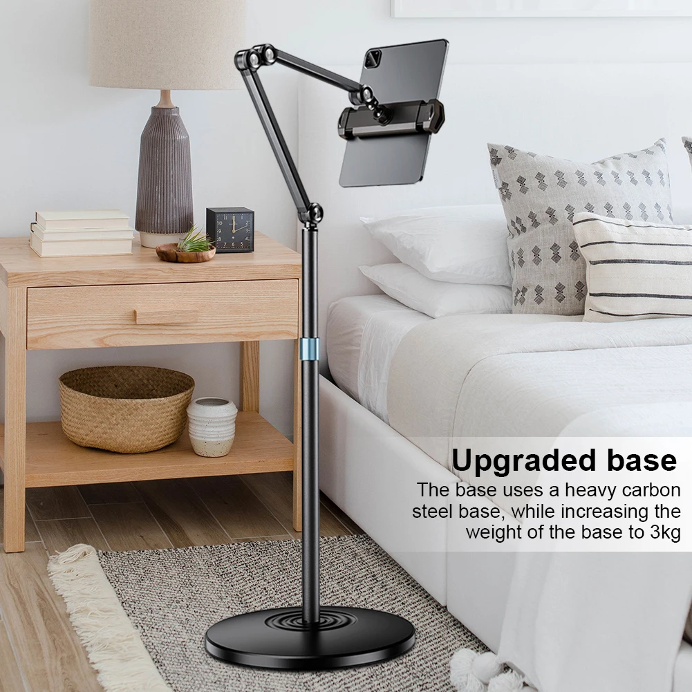 Tablet Phone Floor Stand with Base Stretchable Stand Holder Height Adjustable Arm 360-Degree Rotatable for IPad/iPhoneX/iPad Pro