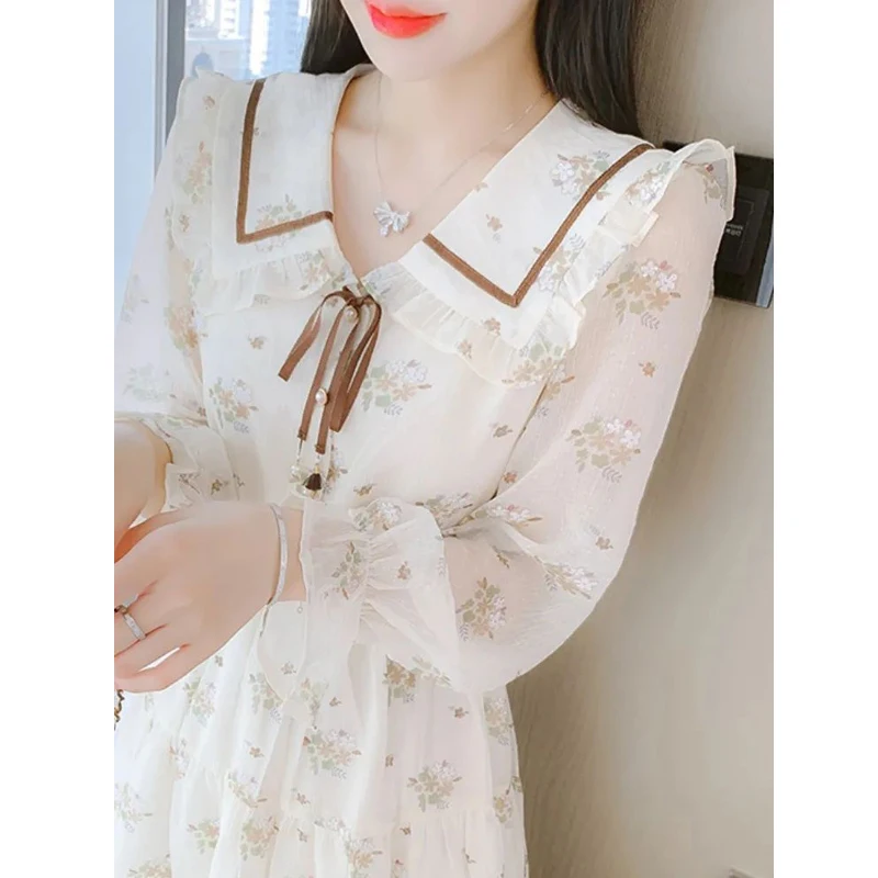 Women Ruffle Lace Up Floral Print Sweet Fairy Midi Dress Fashion Long Sleeve Slim Elegant Party Dresses Chic High Waist Vestidos