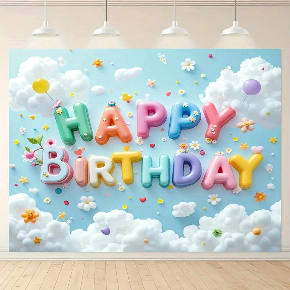 Cartoon-Hintergrund mit niedlichen Wolken und bunten Blumen, digitaler Banner-Hintergrund, Kindergeburtstagsparty, Heimdekoration, Fotografie-Hintergrund