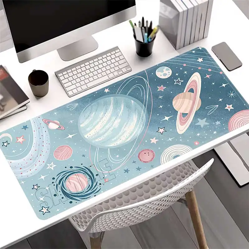 Watercolor Style Cute Space Mouse Pad Girly Gaming Mousepad Stitched Edge XXL Non‑slip Rubber Desk Mat for PC Laptop Office
