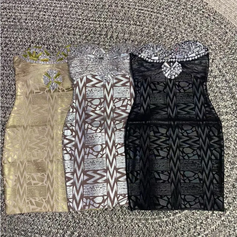 Black Silver Gold Foil Color Women Sexy Strapless Crystal Bodycon Mini Dress Bandage Fashion Nightclub Party Celebrate Dress