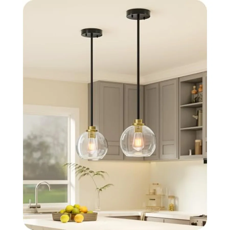 

Mid Century Kitchen Pendant Lighting Over Island Clear Glass Globe Shade Hardwired Adjustable Hanging Light Fixtures for Dining