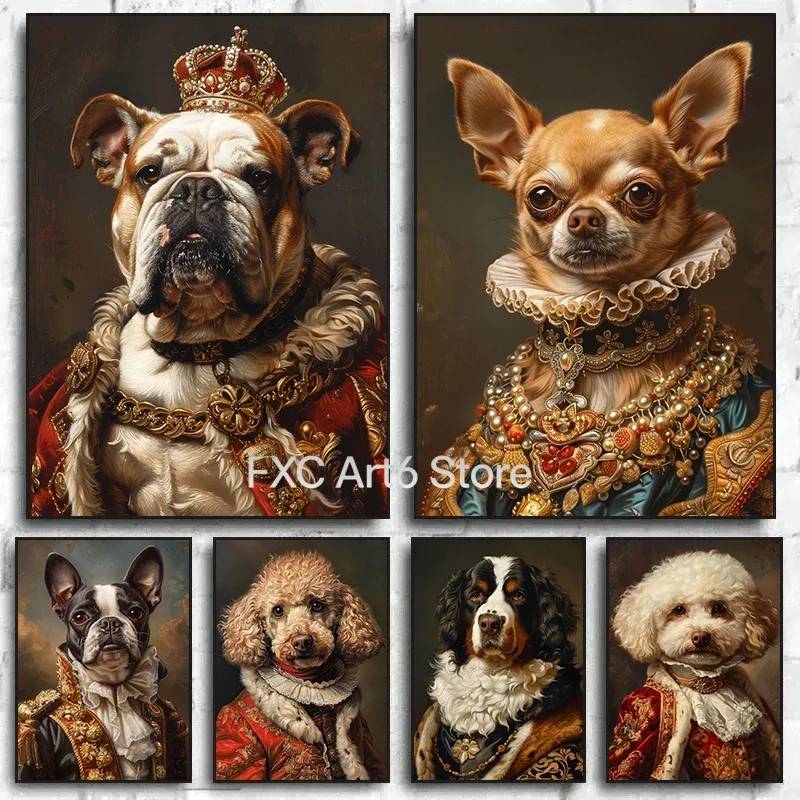1 Pieza, Impresión en Lienzo sin Marco de Perros Bulldog Francés y Chihuahua, Retrato Real, Pósteres Artísticos, Retrato Divertido de Perros, Mural de Arte Vintage para Pared