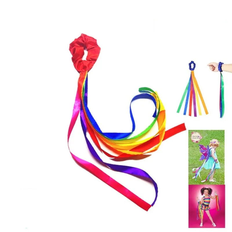 2pcs Rainbow Dance Ribbons Rainbow Rhythm Ribbons Wrist Streamers Hand Held Rhythm Streamers Gymnastics Dance Decorations