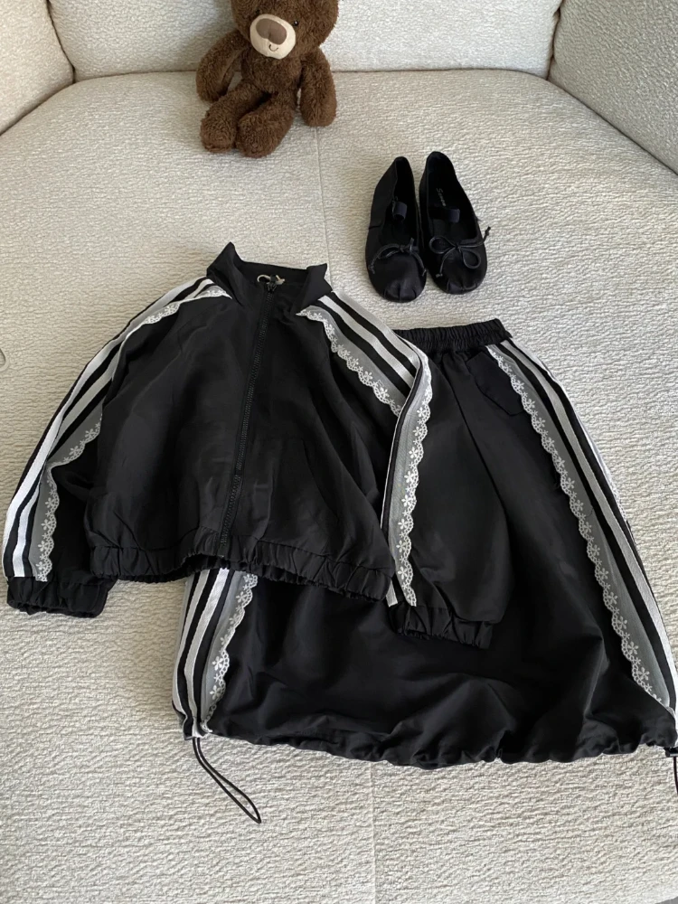 2000s Aesthetic Black Elegant Jacket Woman Y2k Lace Patchwork Striped Design Casual Coat Female Loose Chic Korea Popular Clothes