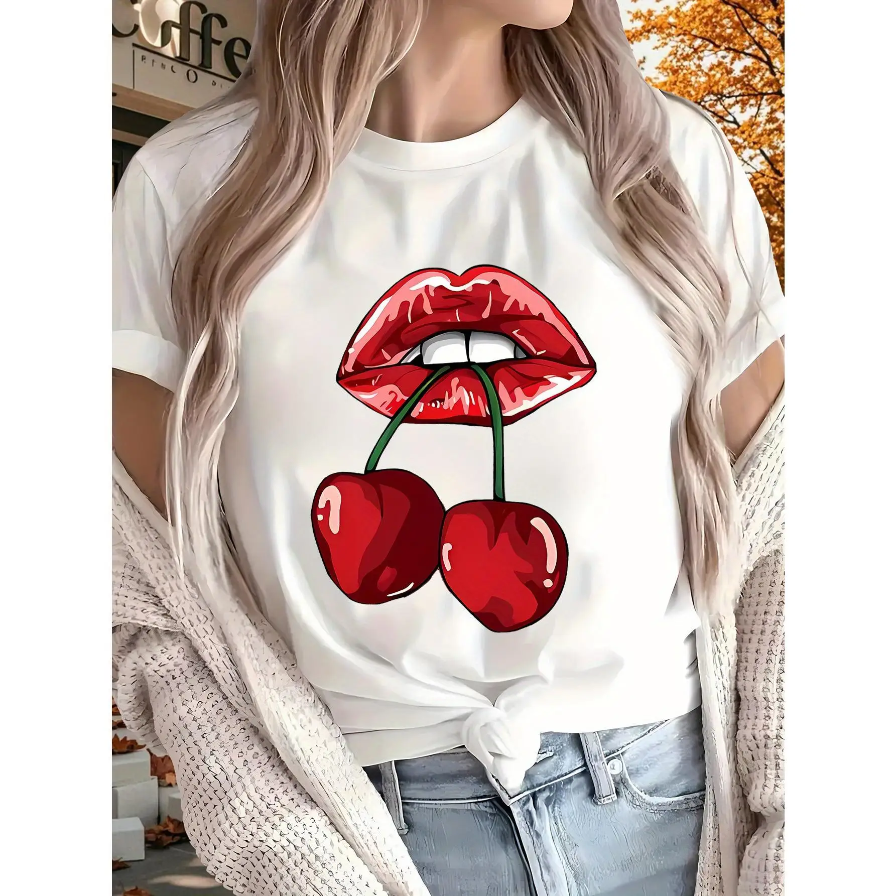 

Women's Cherry Lips T-shirt Sexy Red Lip Graphic Tee Vintage Fruit Print Tops Y2K Aesthetic T-shirt Summer Party Tee