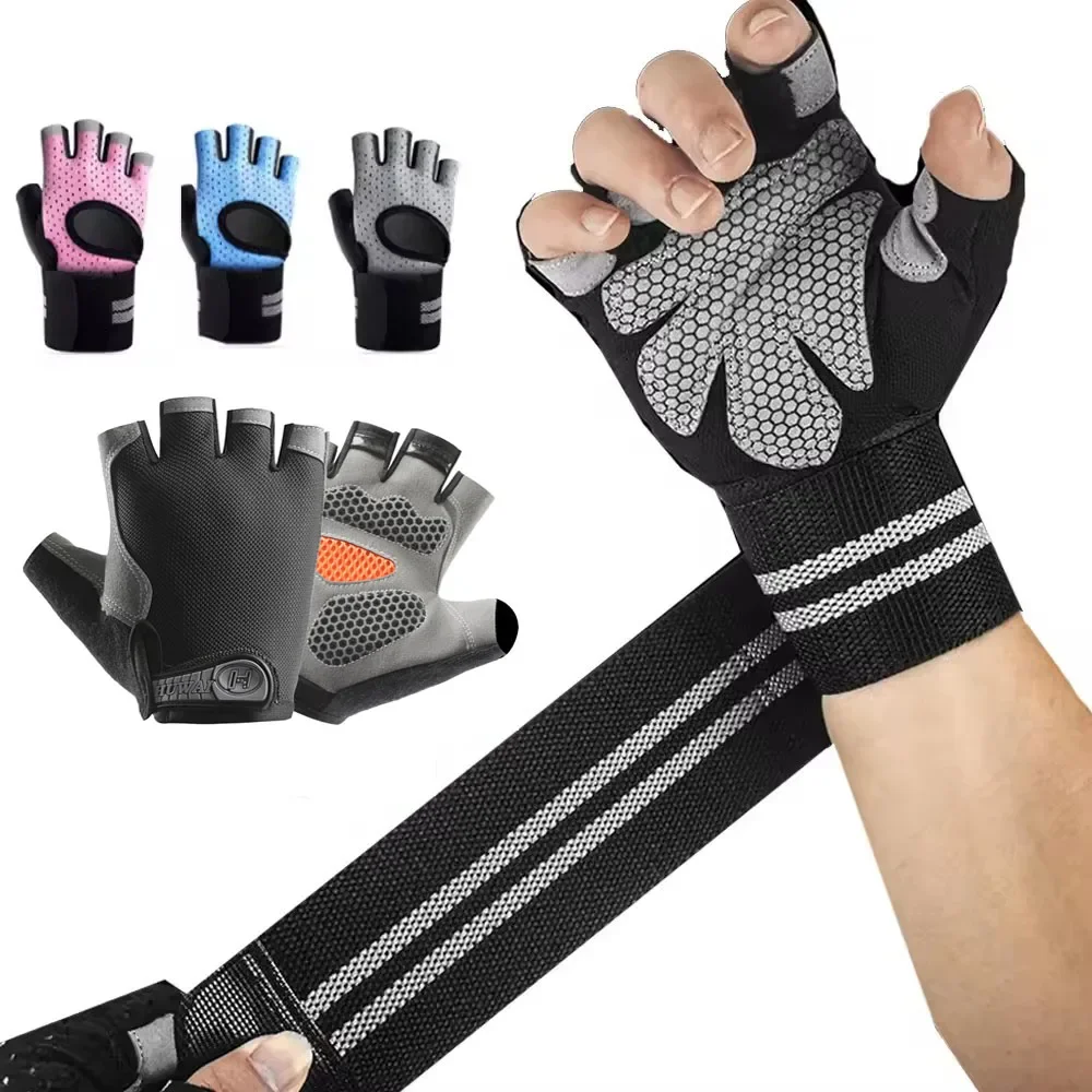 1 par de luvas de fitness de meio dedo para homens e mulheres com suporte de envoltório de pulso crossfit treino equipamento de levantamento de peso