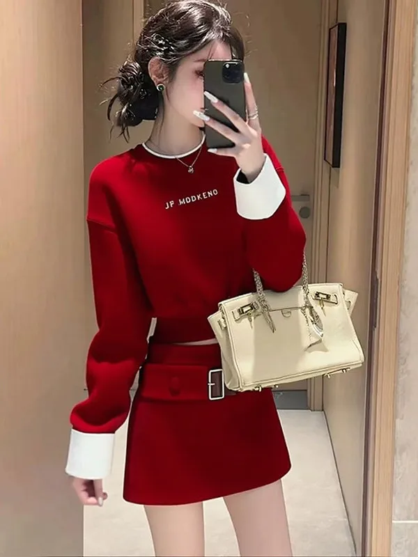 

Комплект: повседневный свитшот и юбка больших размеров для женщин, модная весенняя коллекция, юбка А-силуэта с высокой талией, дышащая и удобная