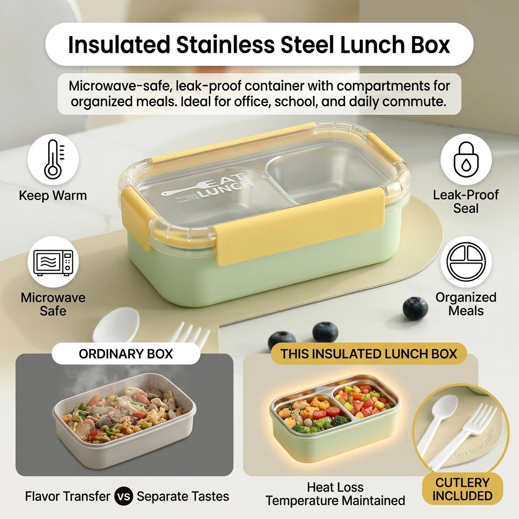 1pc Lunch Box 304 Stainless Steel for Office School Work Vacuum Insulated Leakproof Bento Box Microwave Safe Durable Gear