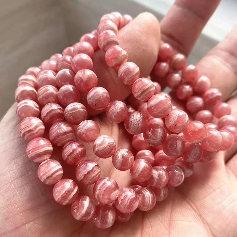 Natural Red Rose Rhodochrosite Vein Bracelet Jewelry 7.5mm Clear Round Beads Women Men Fashion Love Stone Best AAAAA