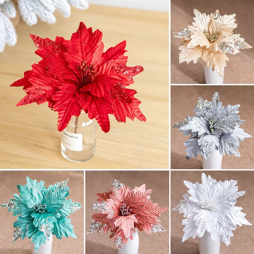 Sequin Christmas Flower Flannel Handmade Plastic 25cm Cloth For Decoration Christmas Trees Rattan High Quality