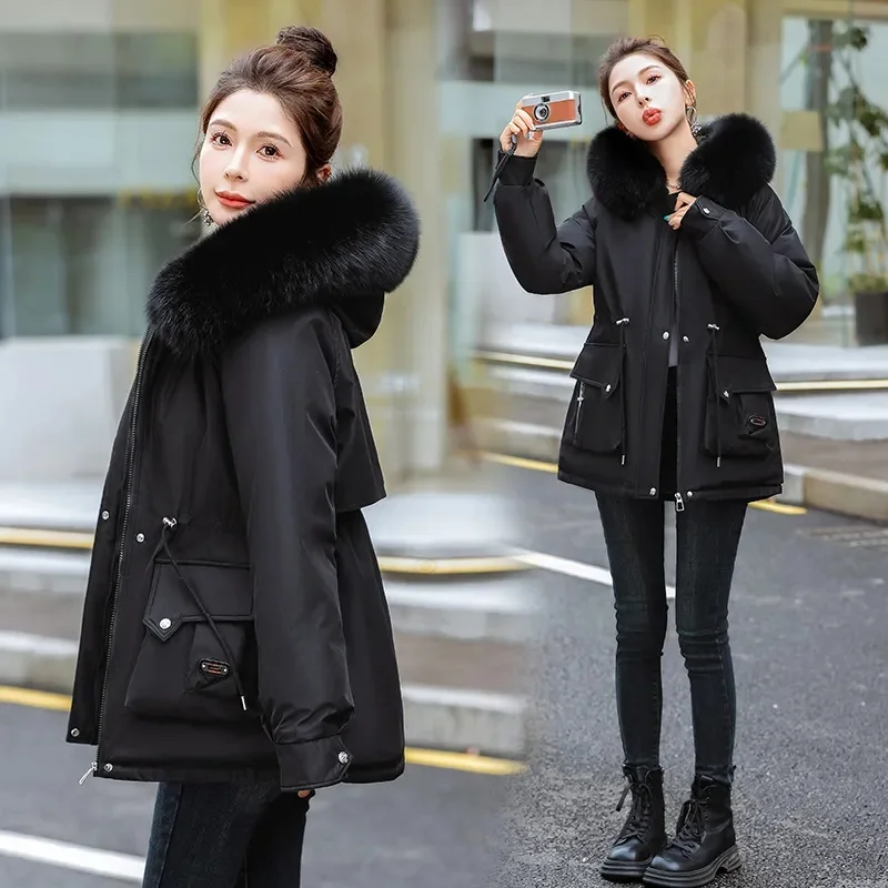 2024 New Korean Winter Women Jacket Long Parka Fur Collar Loose Wool Liner Hooded Jacket Warm Thick Warm Snow Wear Padded Parka