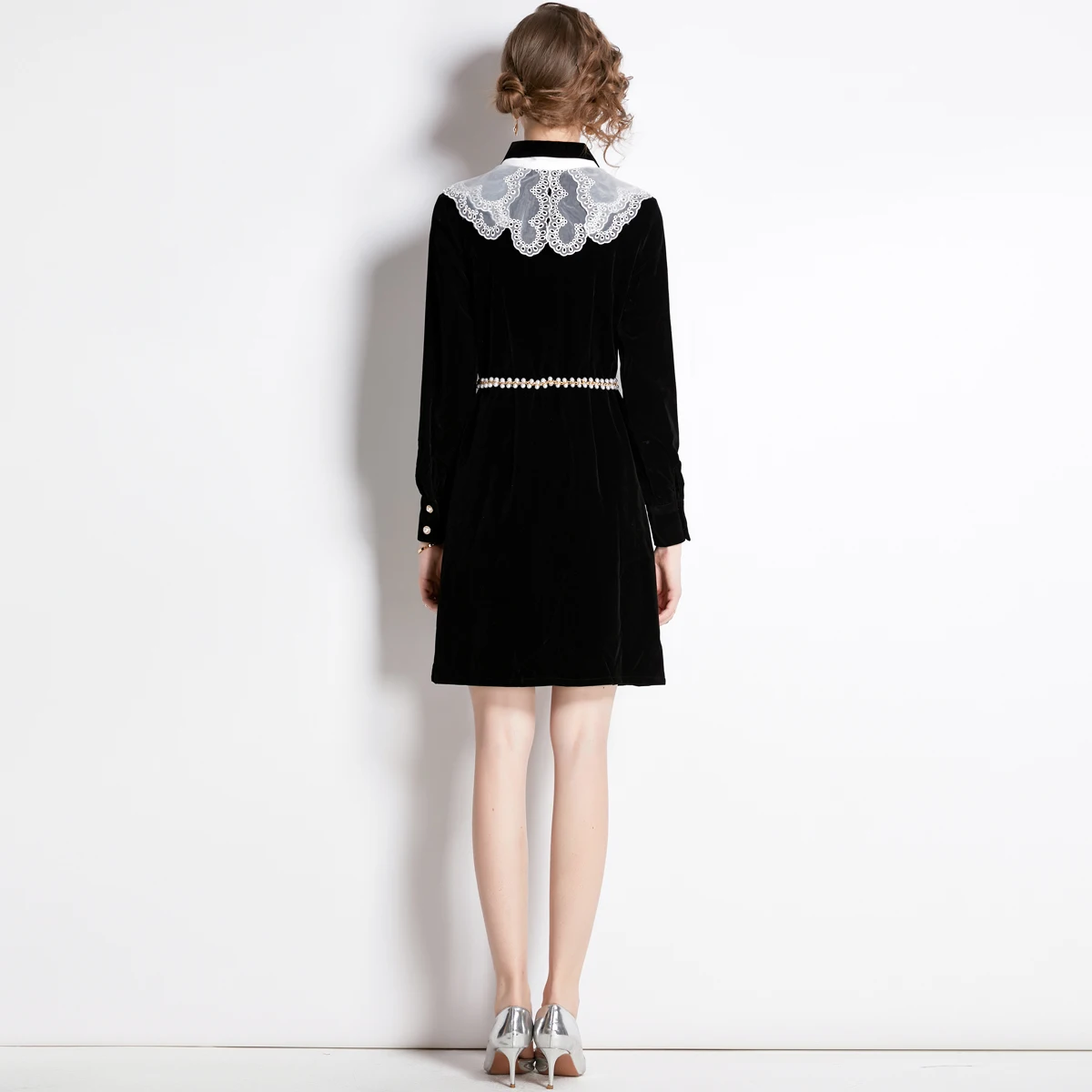 女性のための厚いベルベットのドレス,エレガントな黒,秋,冬,長袖,メッシュの弓,シングルブレスト,ビーズベルト,イブニングドレス