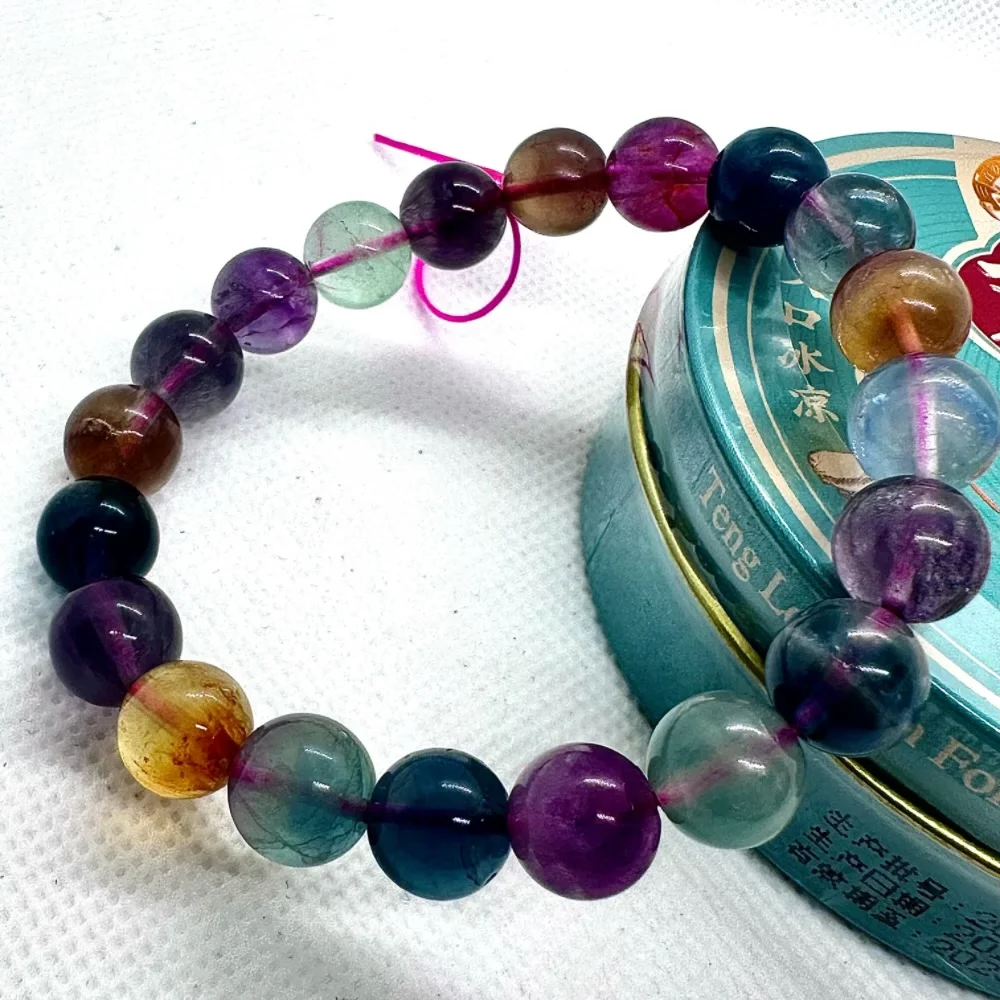 

Nature Fluorite Quartz beads bracelets for men round stone Rainbow Jewelry 10mm Crystal Amulet Green Purple Real Charms 1pc
