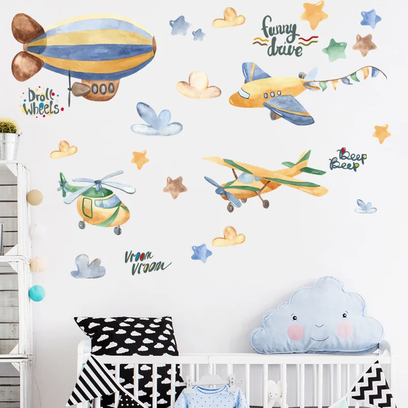 Watercolor Airplane & Airship Wall Stickers, Yellow Blue Helicopter Cloud Star Kids Boys Bedroom Decor