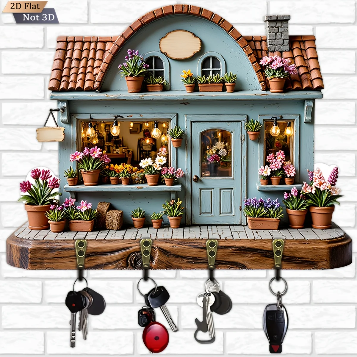 2D Flat, 1pc, Florist-Shaped Key Hook Wooden Multifunctional Home Key Holder with Four Metal Hooks, Wall Decoration, Porch