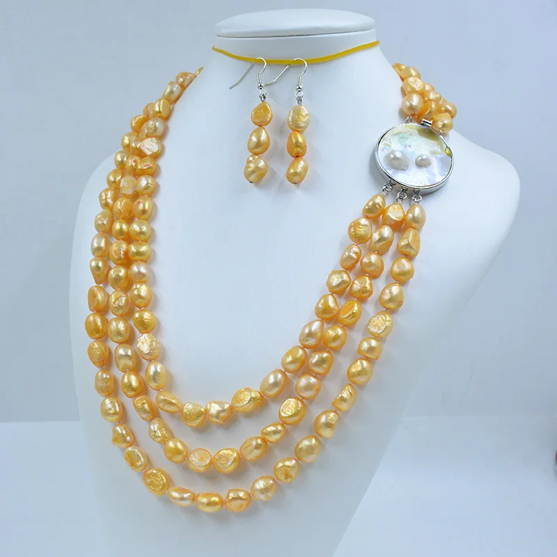 3-Row 8MM AAA Natural Aquaculture Freshwater Baroque Pearl Necklace Earring Set. Charm Ladies Wedding Jewelry
