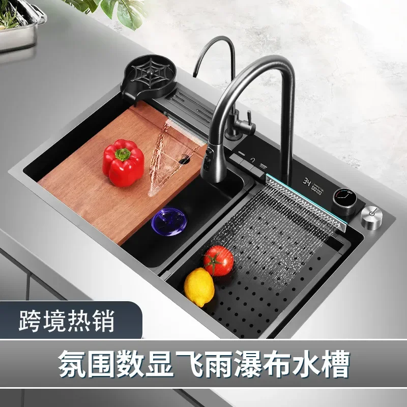 Hot Selling Kitchen Nano Stainless Steel Vegetable Basin Sink Multi-functional Digital Display Feiyu Waterfall Sink Large