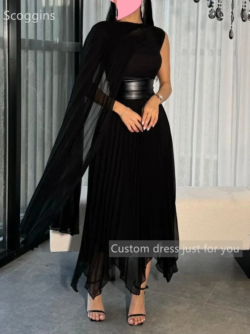 Scoggins فساتين سهرة Personalizar Preto Moda Arábia Saudita Vestido Ocasião Formal A Linha de Um Ombro Chiffon Prom Dress