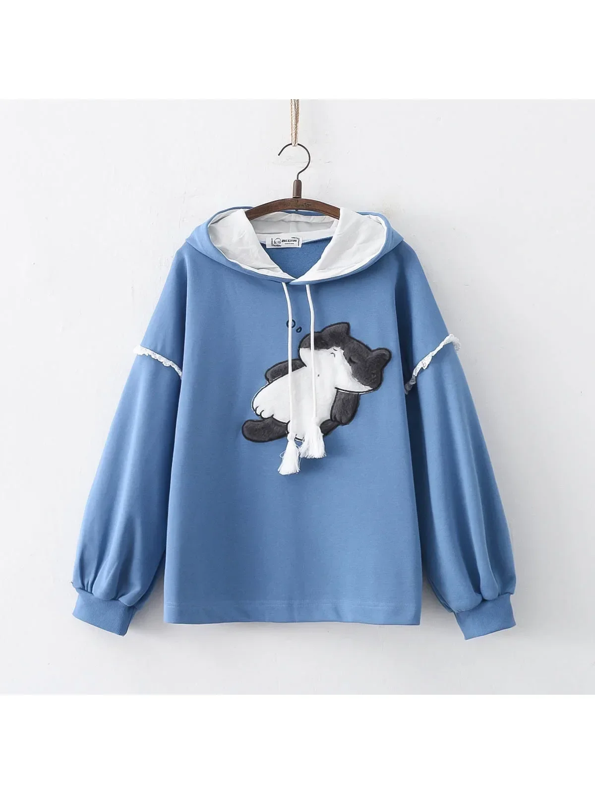 

New Women Hooded Cotton Sweatshirt Funny Sleeping Dog Embroidery Blue Hoodie Casual Streetwear Pullover Korean Fashion Y2k Tops