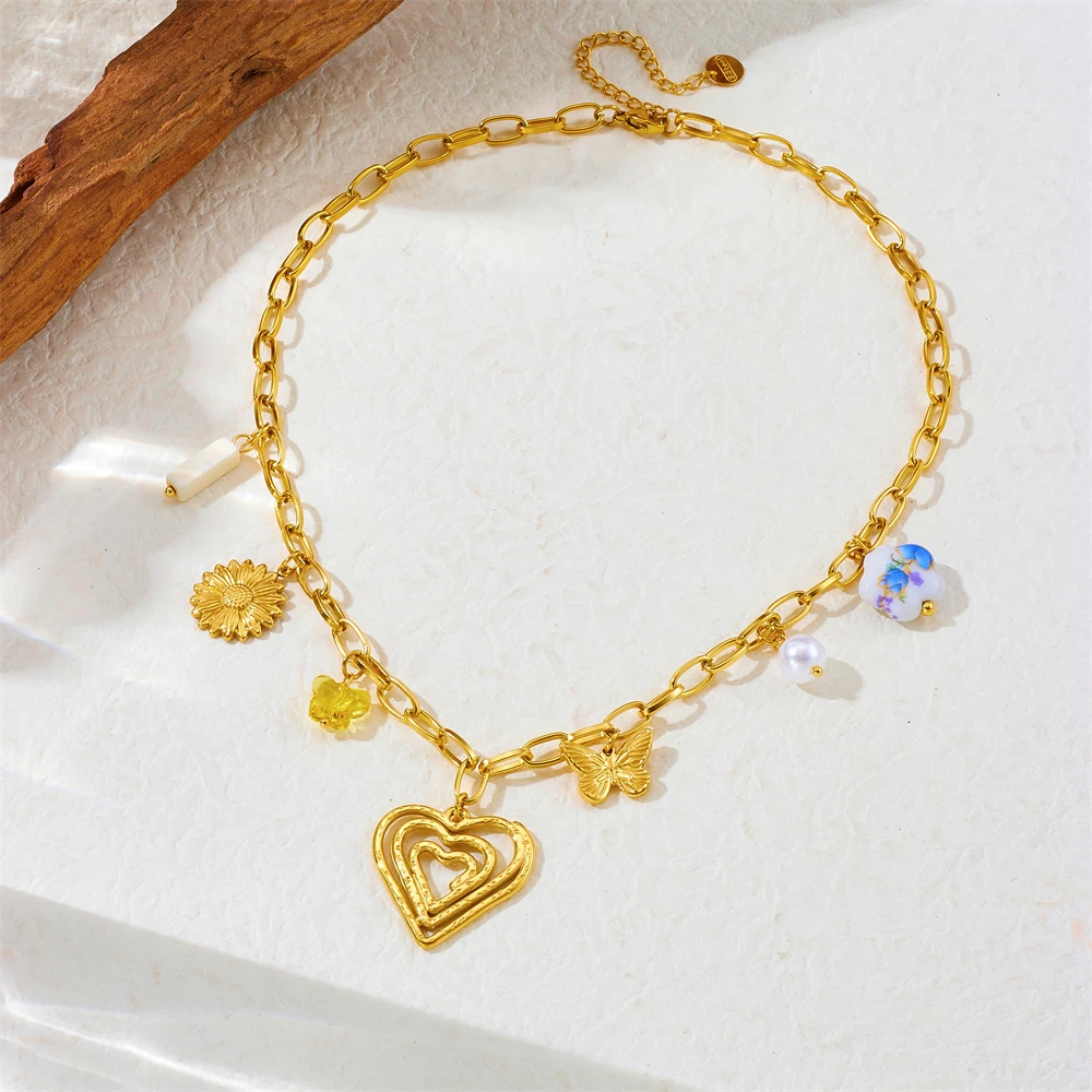 DIEYURO 316L Stainless Steel Flower Butterfly Golden Lines Heart Pendant Necklace For Women New Fashion Neck Chain Jewelry Gift