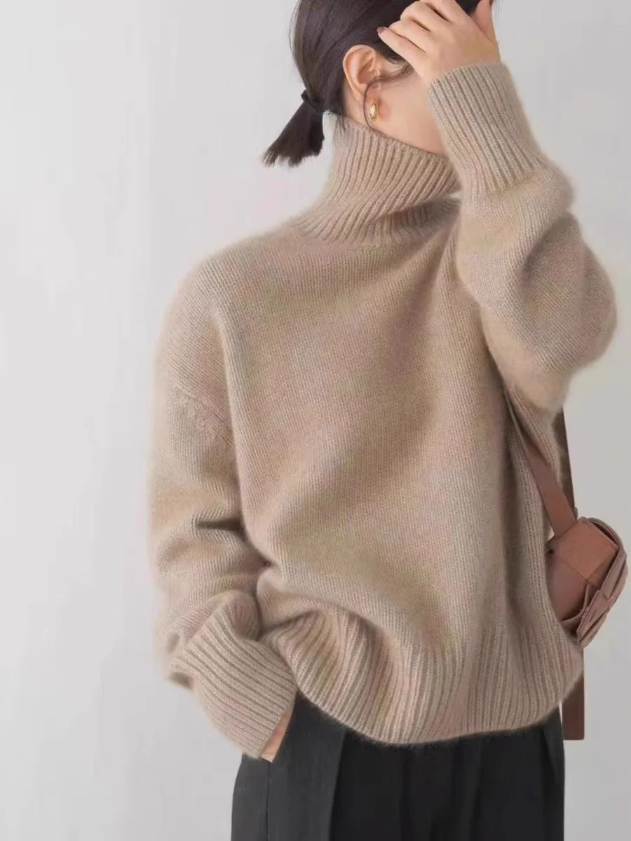 Autumn winter new high collar cashmere sweater women 100% pure cashmere thick knit pullover sweater women loose languid breeze