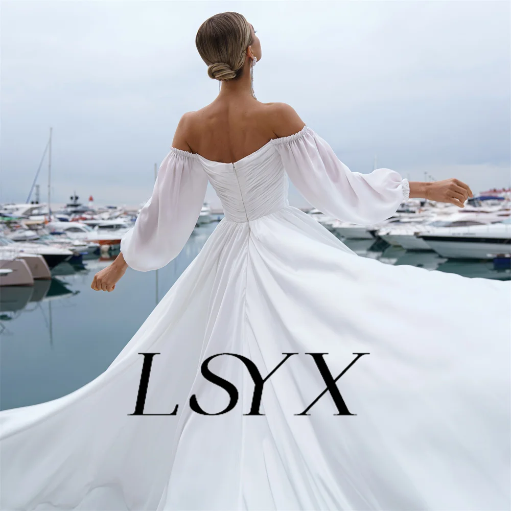 Lsyx boho lange Puff ärmel schulter freie Falten Chiffon Brautkleid Reiß verschluss zurück a-Linie Schatz Hof Zug Brautkleid