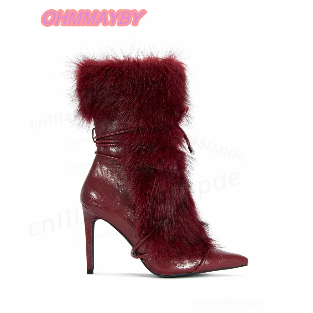 Burgundy Furry Mid Calf Boots For Women Pointed Toe Stiletto Heels Lace Up Fluffy Trim Glossy Finish Winter Evening Party Shoes