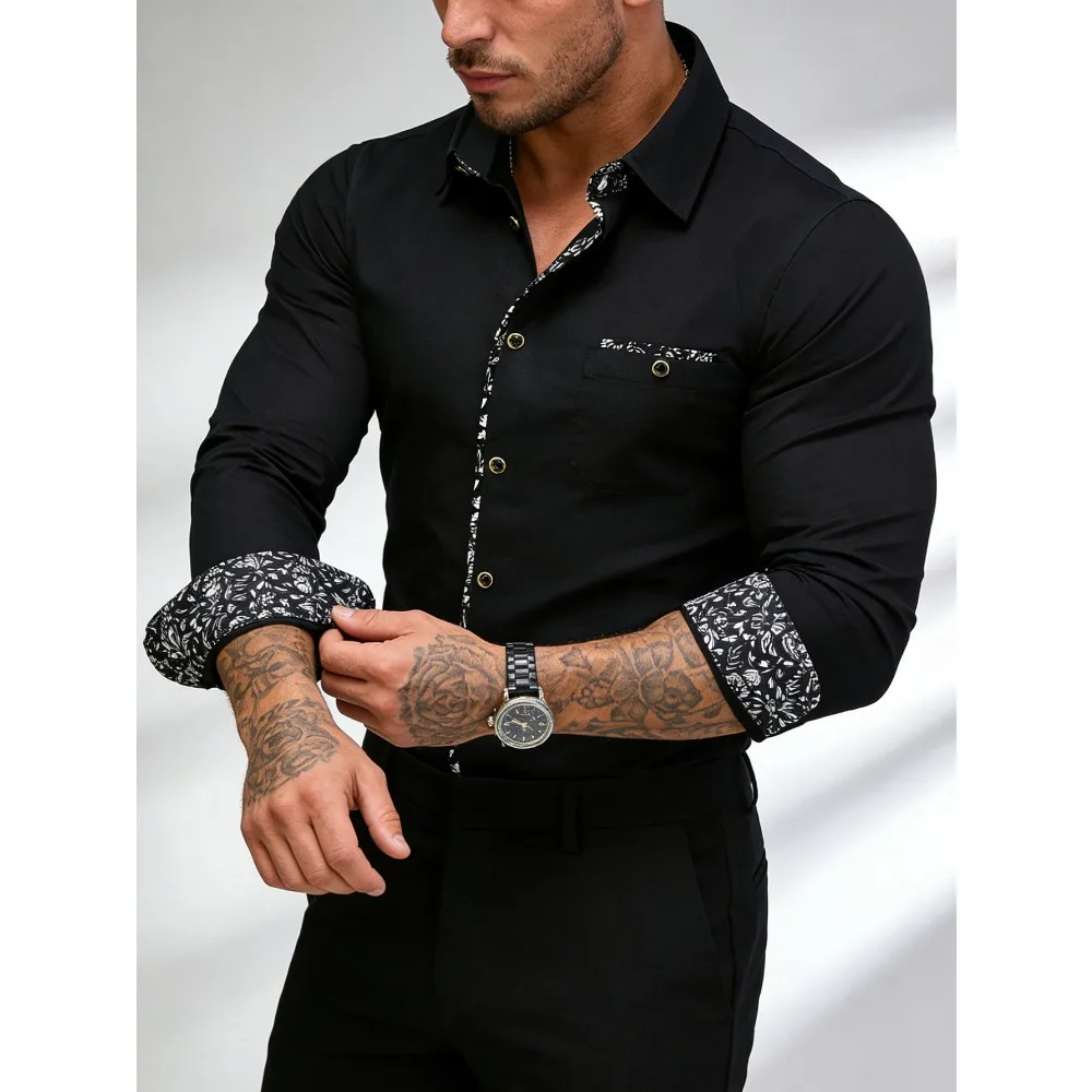 FGKKS Men Black Shirts Brand Fashion Smart Casual Business Long Sleeve Patchwork Micro Elastic Male Dress Shirt Four Season
