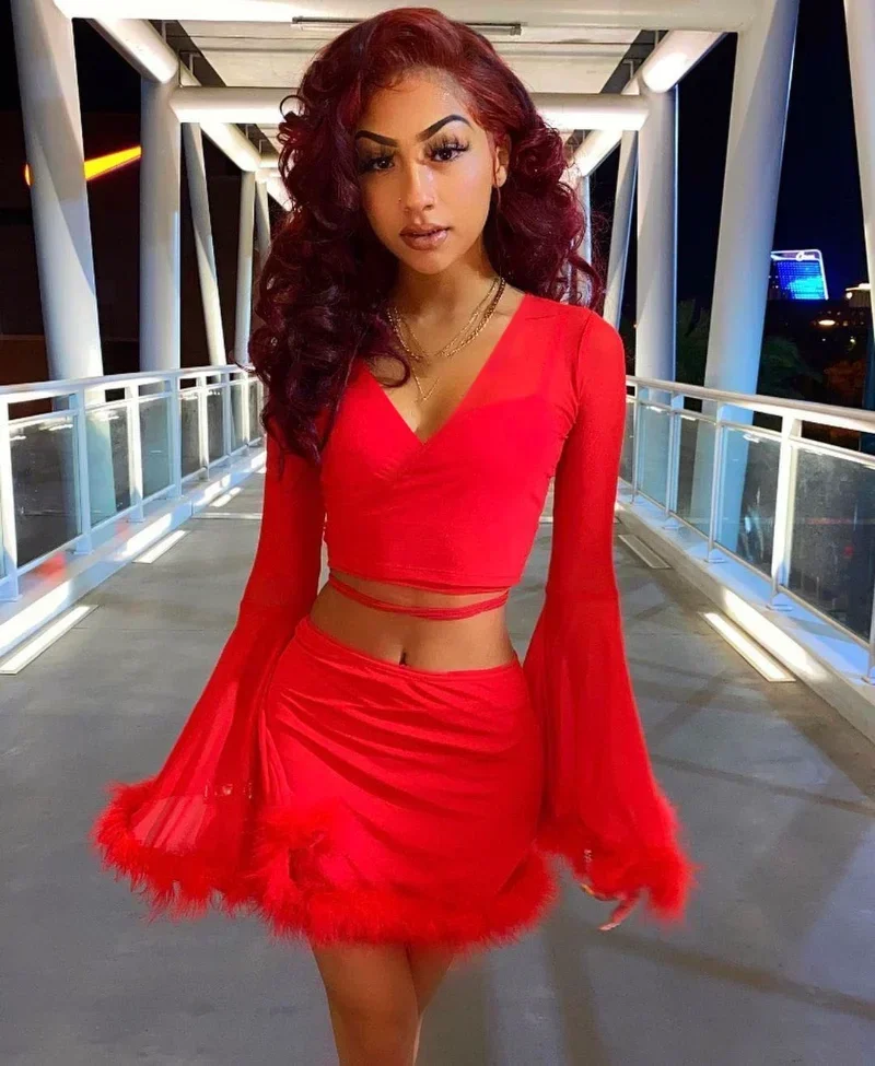 

GUWU Модный женский облегающий мини-юбка с перьями, платье-костюм и расклешенный укороченный топ с длинными рукавами и v-образным вырезом, два комплекта из 2 предметов, праздничные наряды