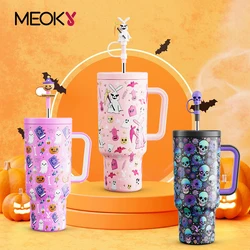 Meoky 40oz Tumbler Handle with Cute Straw Cap Halloween Stainless Steel Insulation Coffee Cup Vacuum Water Bottle Car Mug Gifts