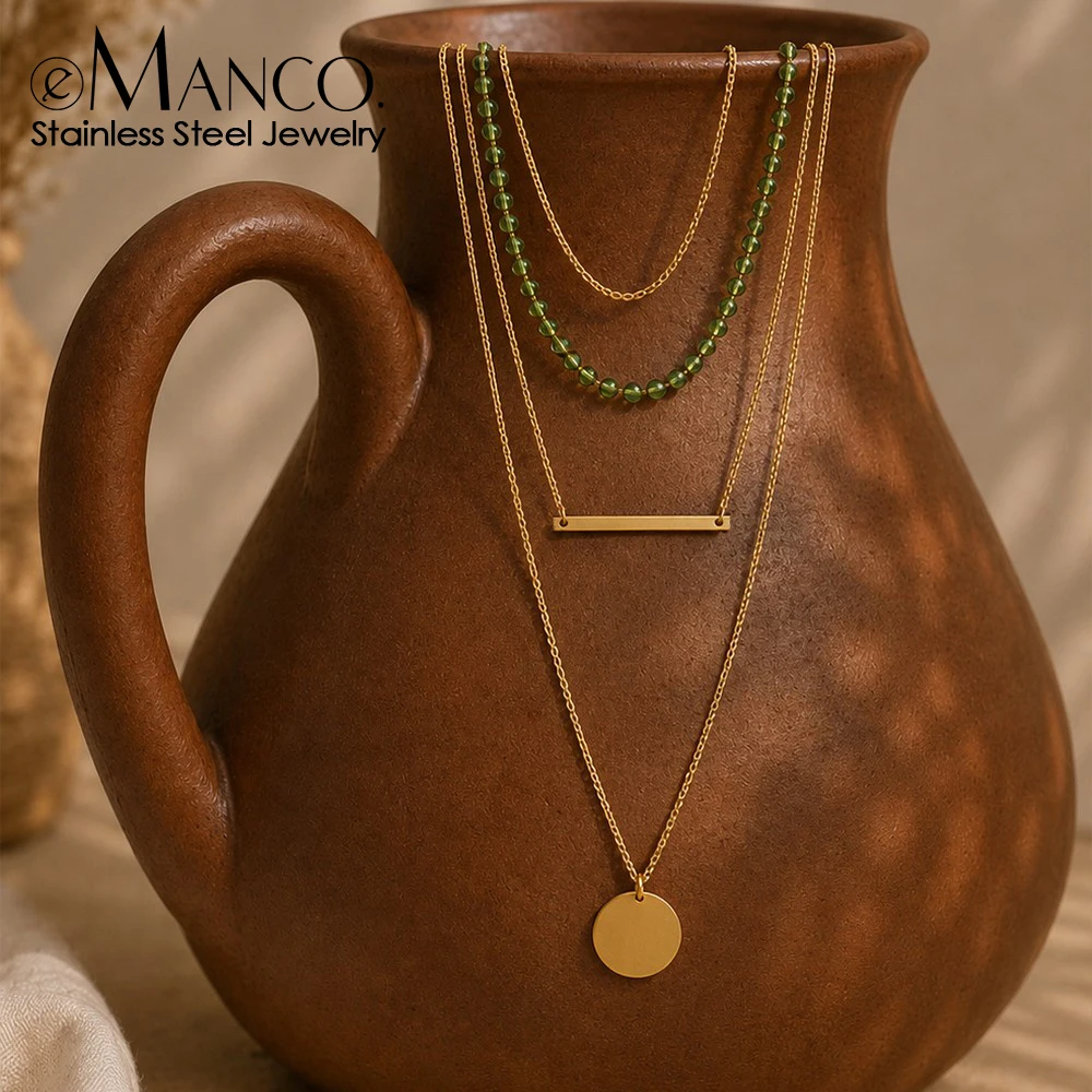 EMANCO Stainless Steel Minimalist Layered Jewelry Set With DiscBar Pendants and Green Beaded Chain Wholesale Dropshipping